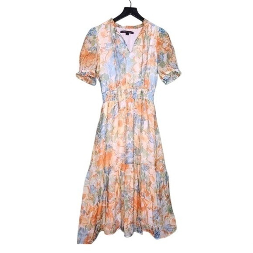 Cynthia Steffe Pastel Floral Midi Dress‎ Split Neck Puff Sleeve Peach Blue M